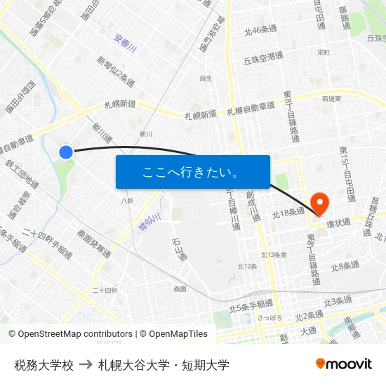 税務大学校 to 札幌大谷大学・短期大学 map