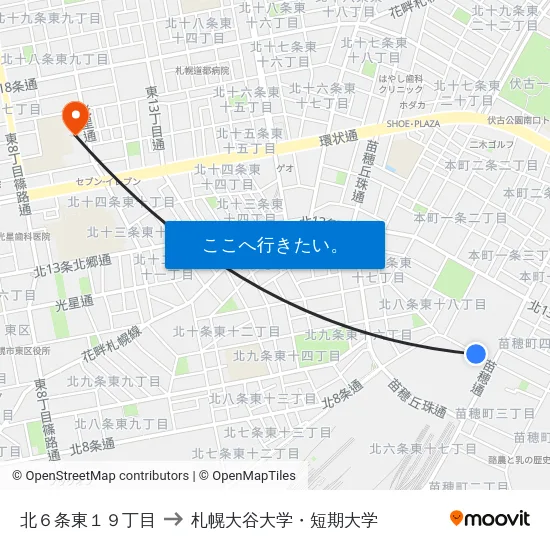 北６条東１９丁目 to 札幌大谷大学・短期大学 map