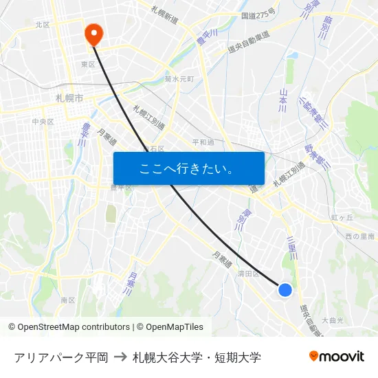 アリアパーク平岡 to 札幌大谷大学・短期大学 map