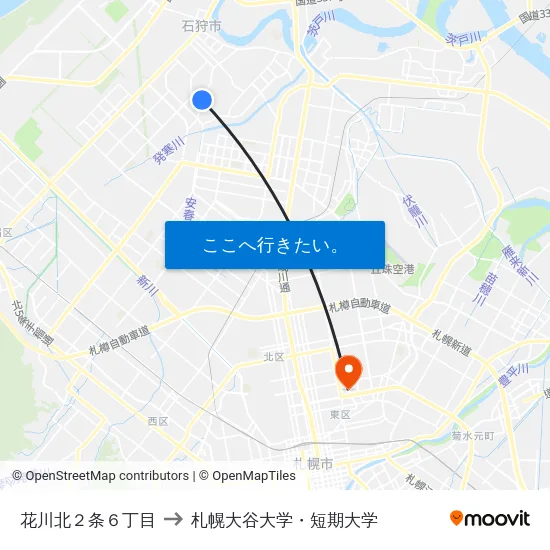 花川北２条６丁目 to 札幌大谷大学・短期大学 map