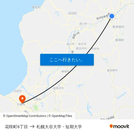 花咲町6丁目 to 札幌大谷大学・短期大学 map