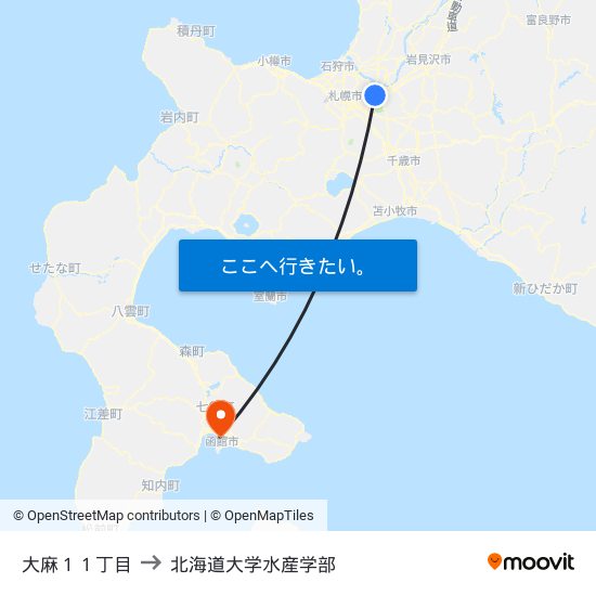 大麻１１丁目 to 北海道大学水産学部 map