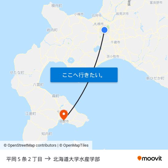 平岡５条２丁目 to 北海道大学水産学部 map