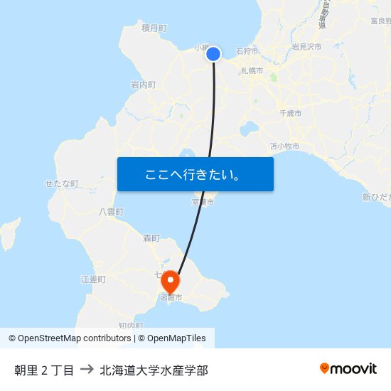 朝里２丁目 to 北海道大学水産学部 map