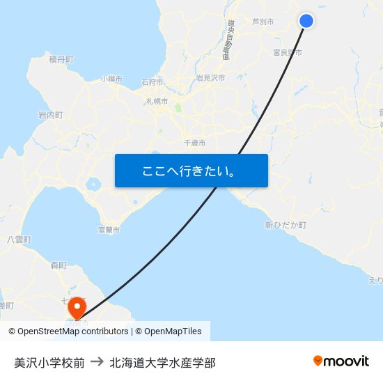 美沢小学校前 to 北海道大学水産学部 map