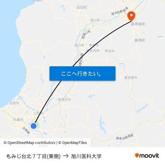 もみじ台北７丁目(東側) to 旭川医科大学 map