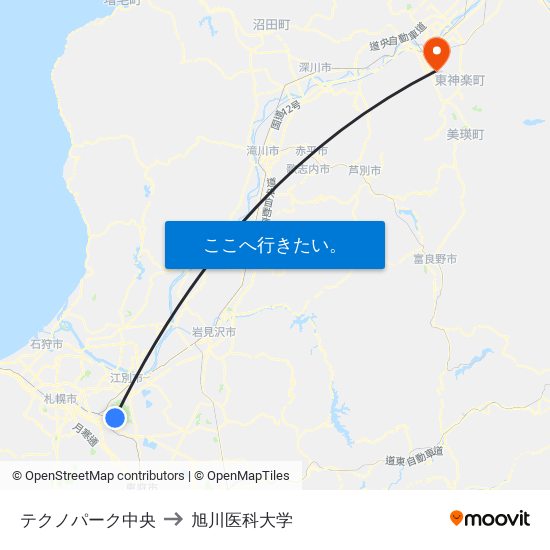 テクノパーク中央 to 旭川医科大学 map