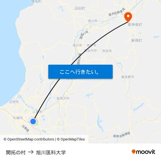 開拓の村 to 旭川医科大学 map