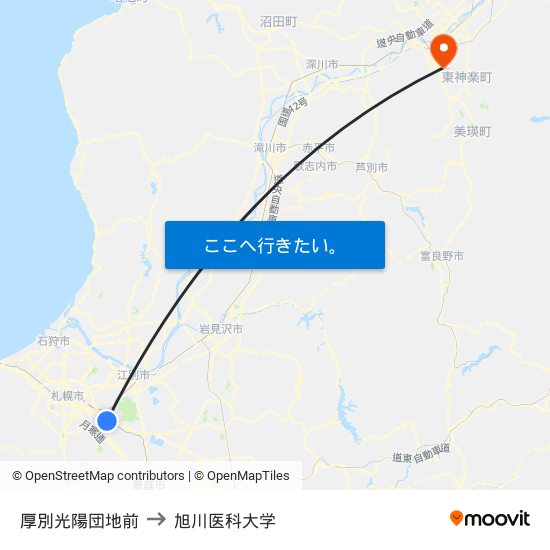 厚別光陽団地前 to 旭川医科大学 map