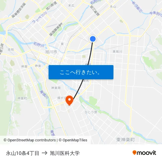 永山10条4丁目 to 旭川医科大学 map