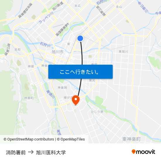 消防署前 to 旭川医科大学 map