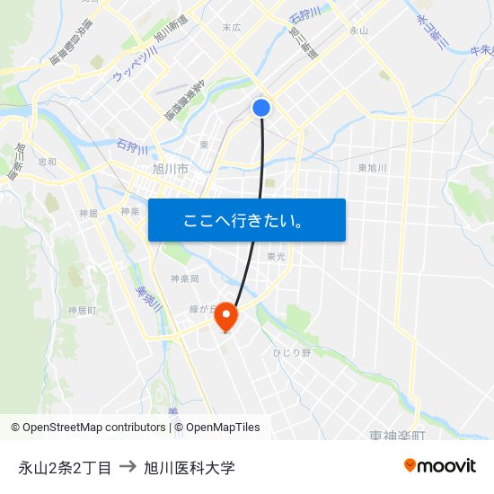 永山2条2丁目 to 旭川医科大学 map