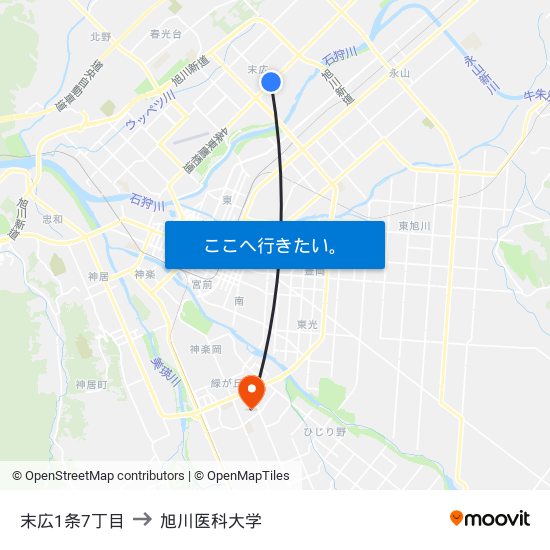 末広1条7丁目 to 旭川医科大学 map