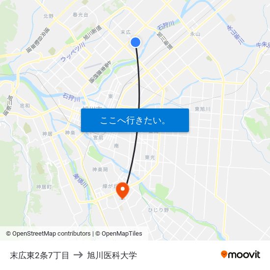 末広東2条7丁目 to 旭川医科大学 map