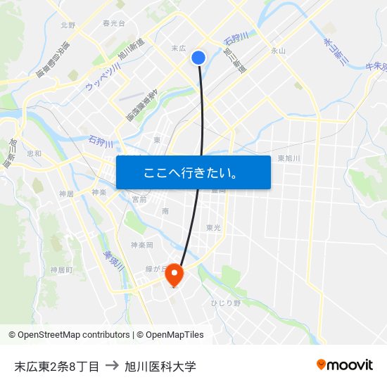 末広東2条8丁目 to 旭川医科大学 map