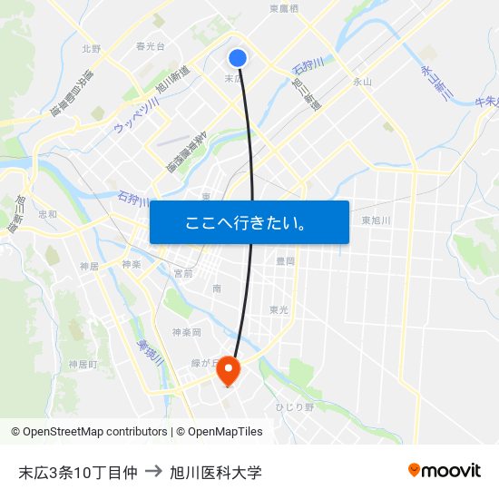 末広3条10丁目仲 to 旭川医科大学 map