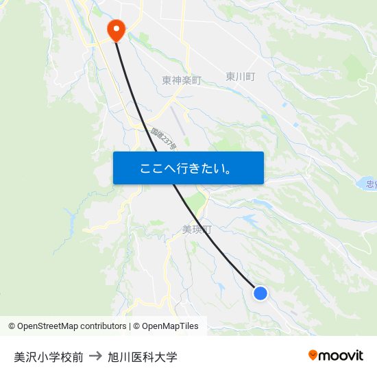 美沢小学校前 to 旭川医科大学 map