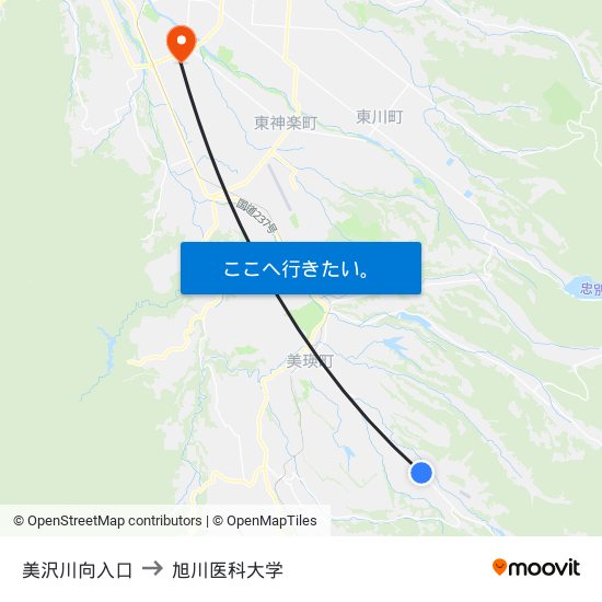 美沢川向入口 to 旭川医科大学 map