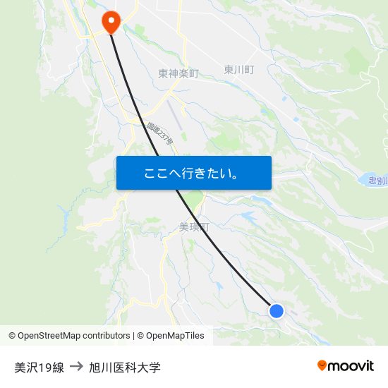 美沢19線 to 旭川医科大学 map