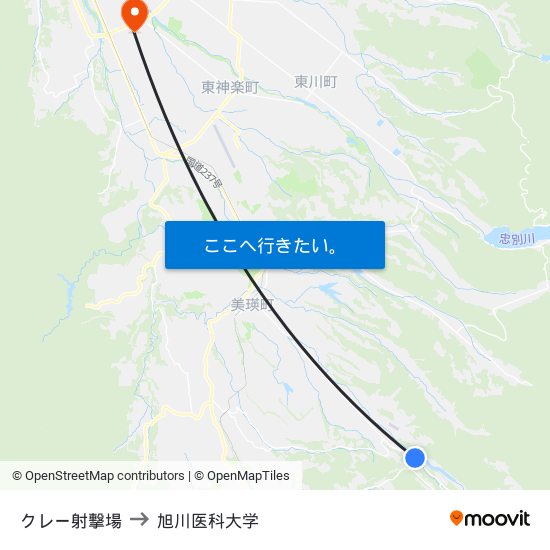 クレー射撃場 to 旭川医科大学 map