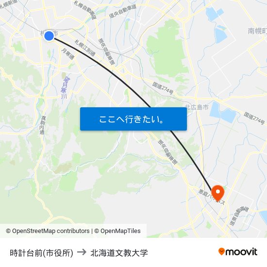 時計台前(市役所) to 北海道文教大学 map