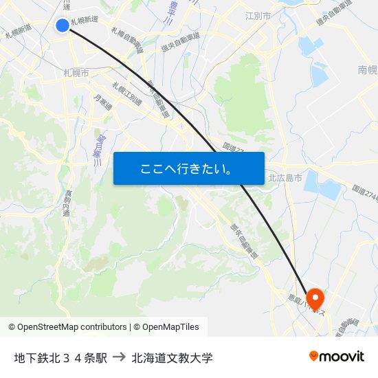 地下鉄北３４条駅 to 北海道文教大学 map