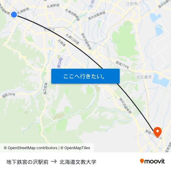 地下鉄宮の沢駅前 to 北海道文教大学 map