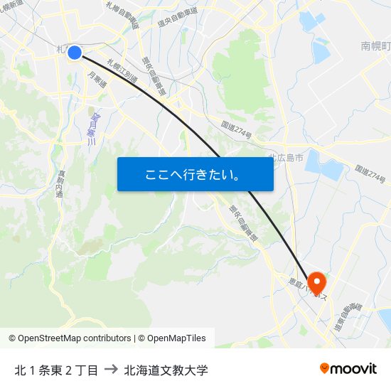 北１条東２丁目 to 北海道文教大学 map