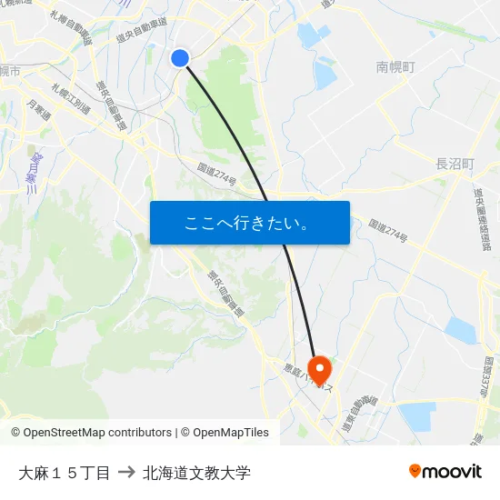 大麻１５丁目 to 北海道文教大学 map