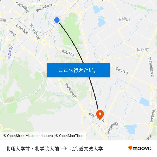 北翔大学前・札学院大前 to 北海道文教大学 map