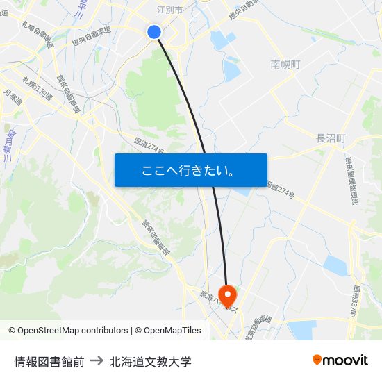 情報図書館前 to 北海道文教大学 map