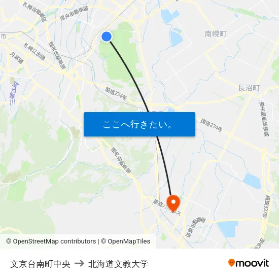 文京台南町中央 to 北海道文教大学 map