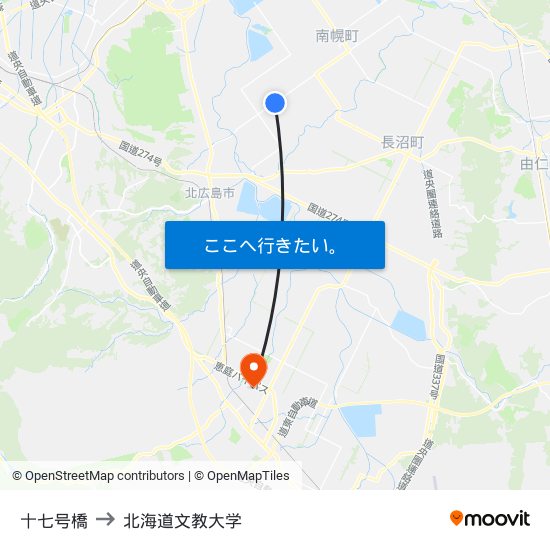 十七号橋 to 北海道文教大学 map