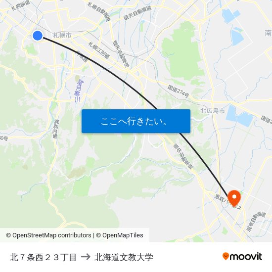 北７条西２３丁目 to 北海道文教大学 map