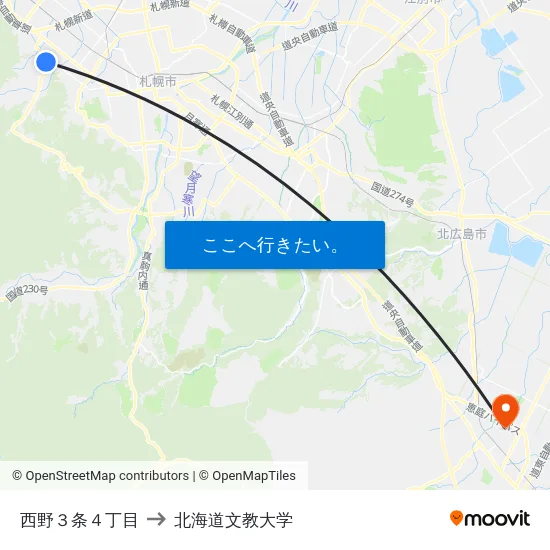 西野３条４丁目 to 北海道文教大学 map