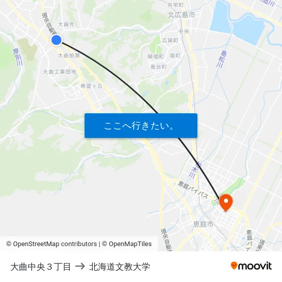 大曲中央３丁目 to 北海道文教大学 map