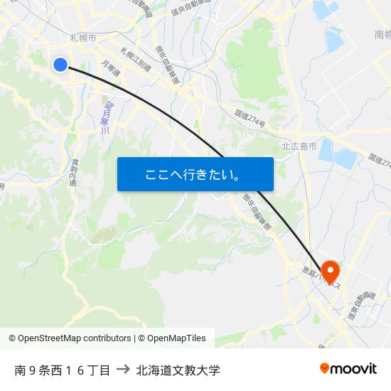 南９条西１６丁目 to 北海道文教大学 map