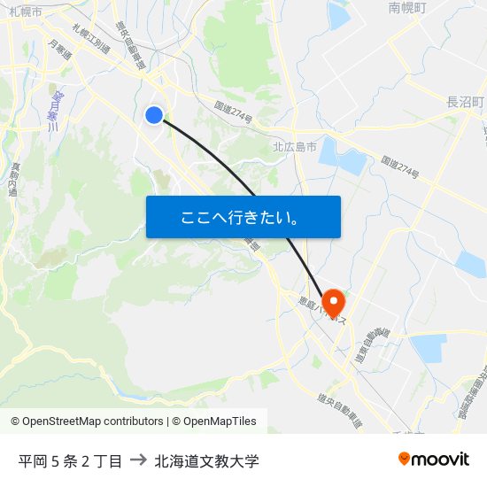 平岡５条２丁目 to 北海道文教大学 map