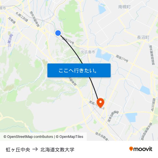 虹ヶ丘中央 to 北海道文教大学 map