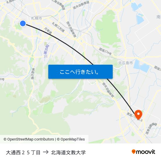 大通西２５丁目 to 北海道文教大学 map