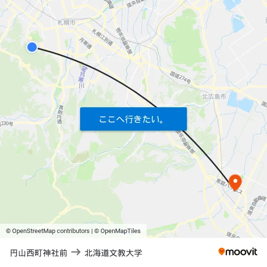 円山西町神社前 to 北海道文教大学 map