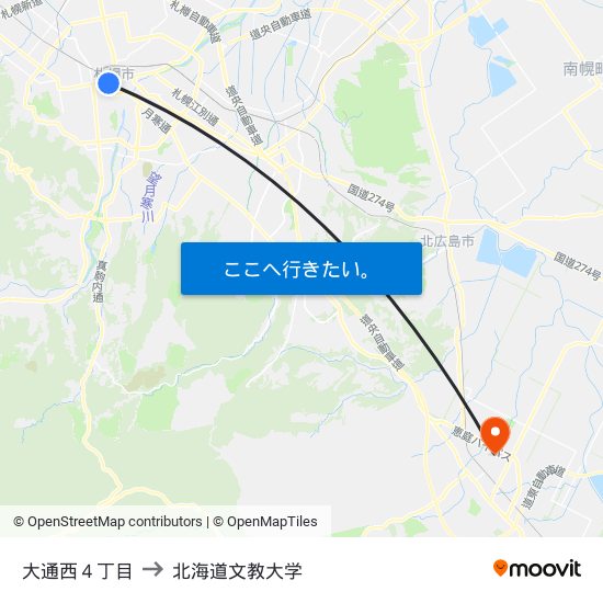 大通西４丁目 to 北海道文教大学 map