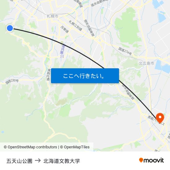 五天山公園 to 北海道文教大学 map