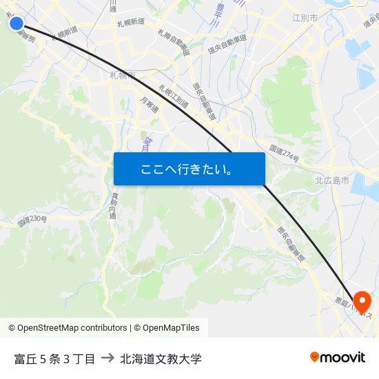 富丘５条３丁目 to 北海道文教大学 map