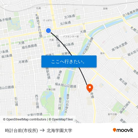 時計台前(市役所) to 北海学園大学 map