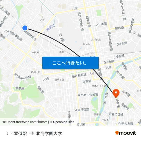 Ｊｒ琴似駅 to 北海学園大学 map