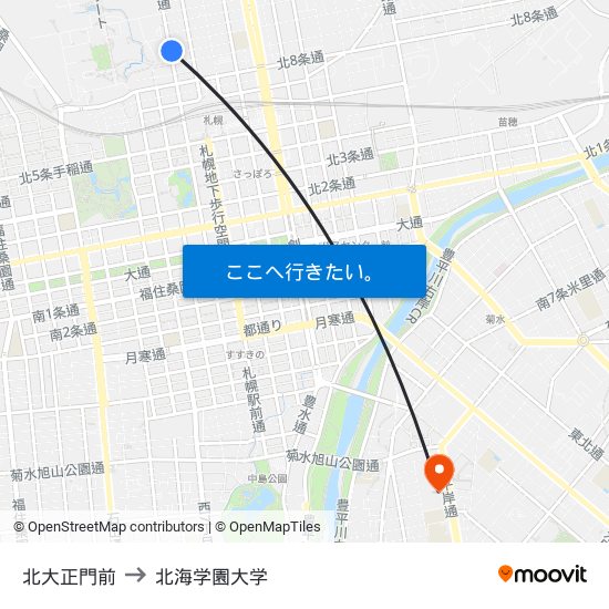 北大正門前 to 北海学園大学 map