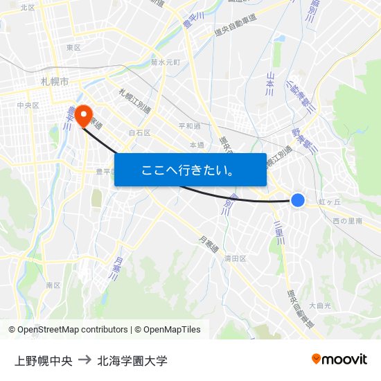 上野幌中央 to 北海学園大学 map