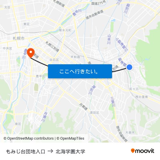 もみじ台団地入口 to 北海学園大学 map