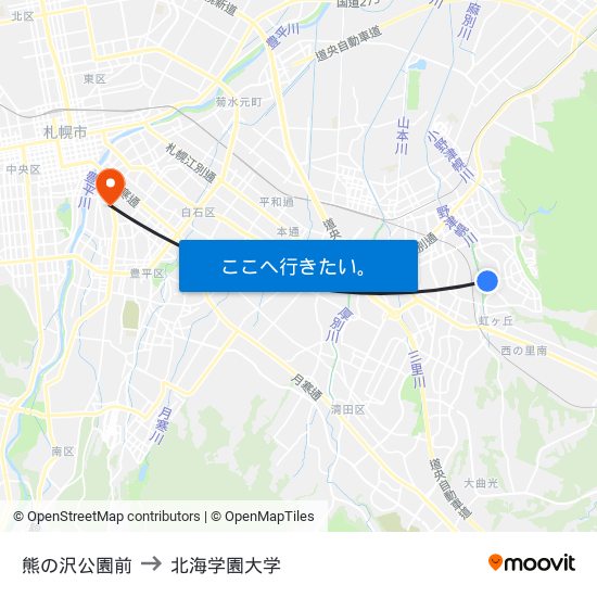 熊の沢公園前 to 北海学園大学 map